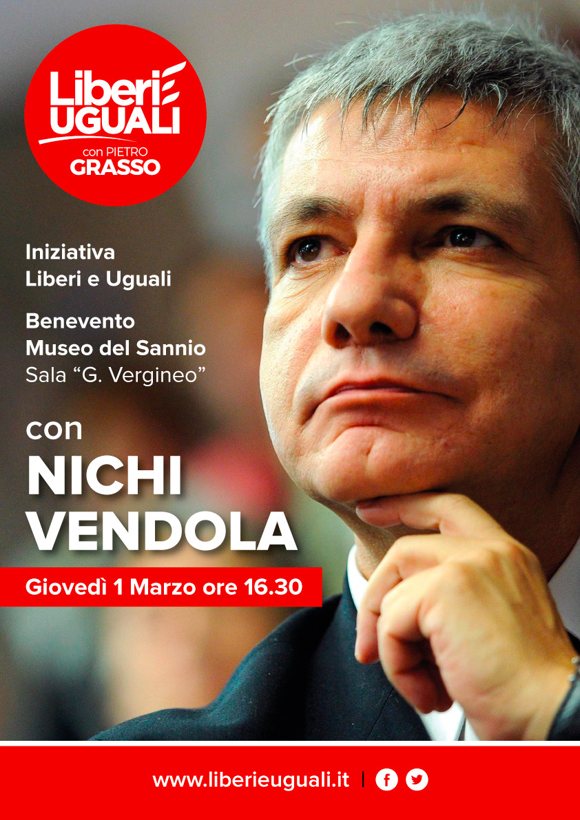 Chiusura campagna Liberi e Uguali: a Benevento arriva Nichi Vendola