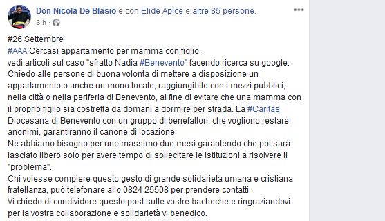 Sfratto Nadia, Don Nicola De Blasio lancia l’appello su Facebook