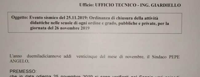 Sisma: scuole di ogni ordine e grado chiuse anche ad Apice