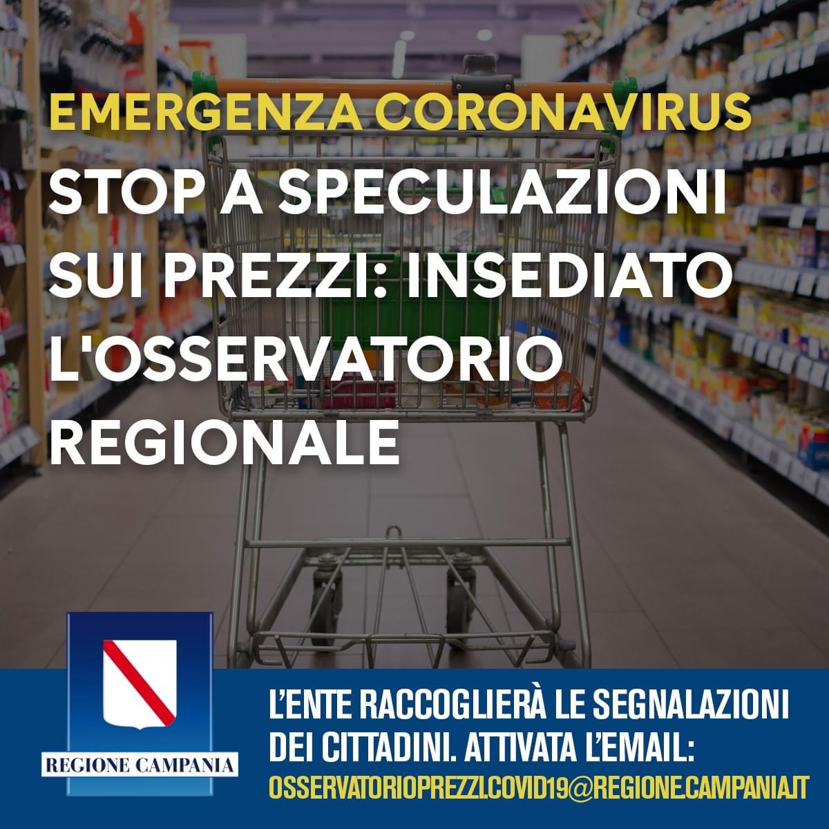 Covid-19, contrasto alle speculazioni sui prezzi: insediato l’Osservatorio Regionale