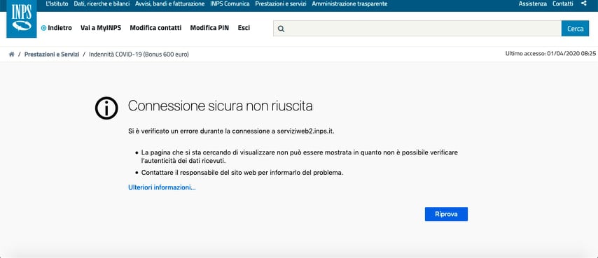 Covid-19, nel giorno del Bonus il sito Inps va in tilt