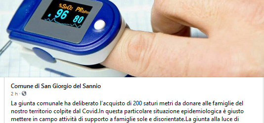 San Giorgio del Sannio| Covid, la Giunta comunale si dota di 200 saturimetri