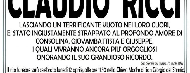 Domani i funerali di Claudio Ricci, a San Giorgio del Sannio è lutto cittadino