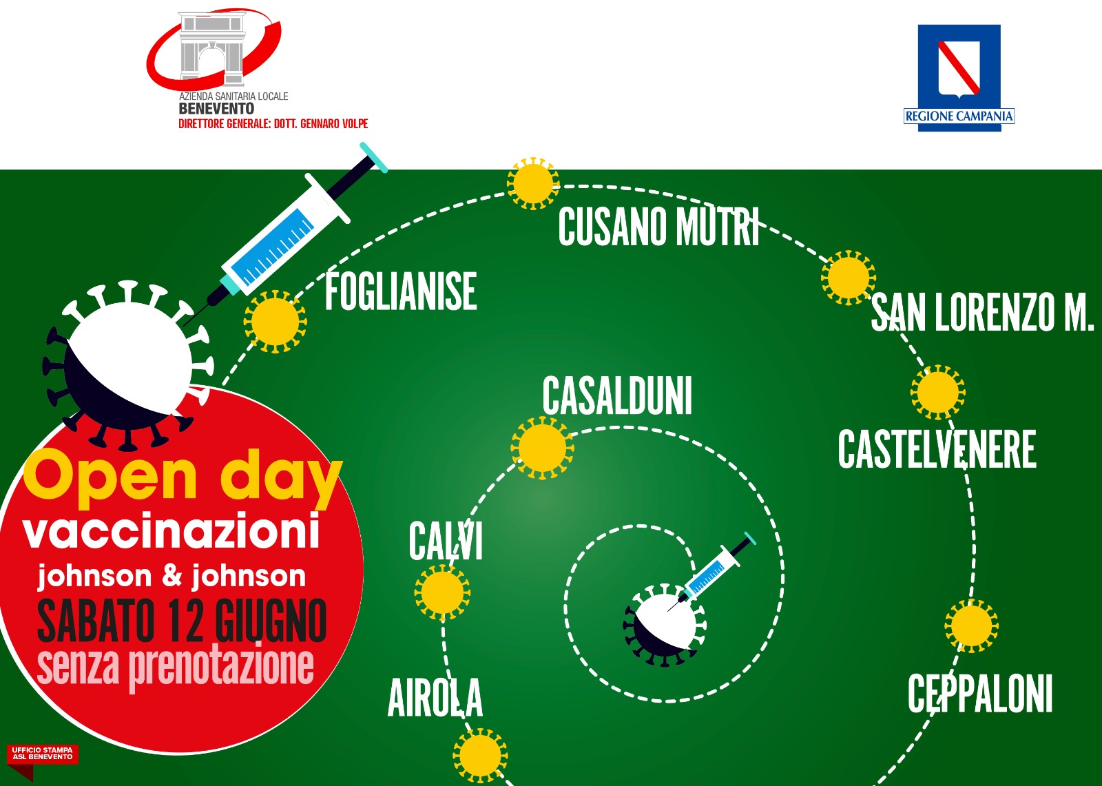 Sabato 12 giugno vaccinazione con J&J in otto comuni sanniti