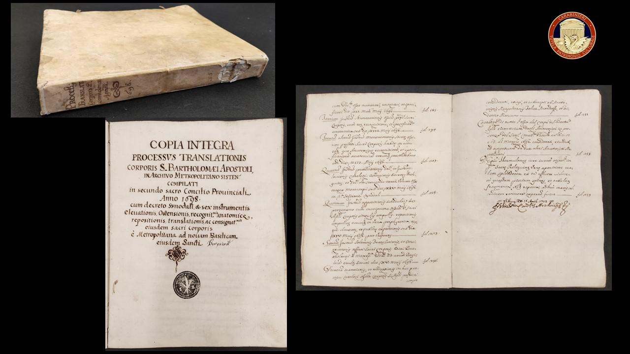I Carabinieri per la Tutela del Patrimonio Culturale restituiscono antichi volumi e un manoscritto all’Arcidiocesi di Benevento