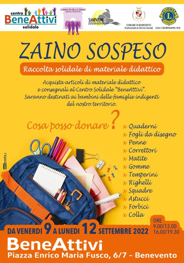 Benevento| “Zaino sospeso”, da domani fino a lunedi raccolta solidale di materiale didattico