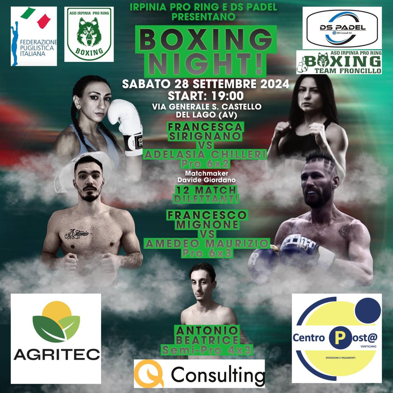 “Boxe Night”, l’Irpinia Pro Ring lancia i suoi pugili. Mignone a caccia della terza vittoria e Sirignano al suo esordio da pro