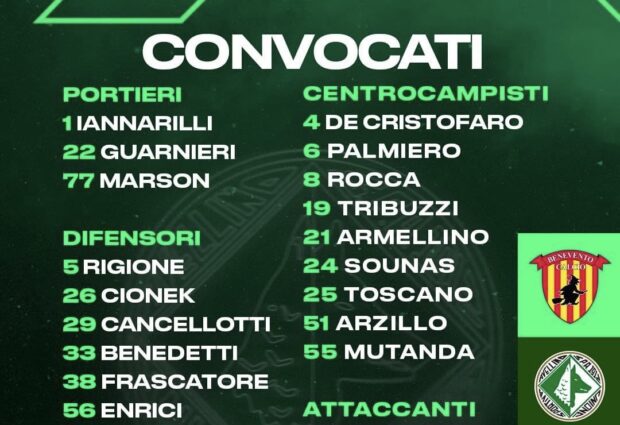 Benevento-Avellino: la lista dei convocati di mister Biancolino