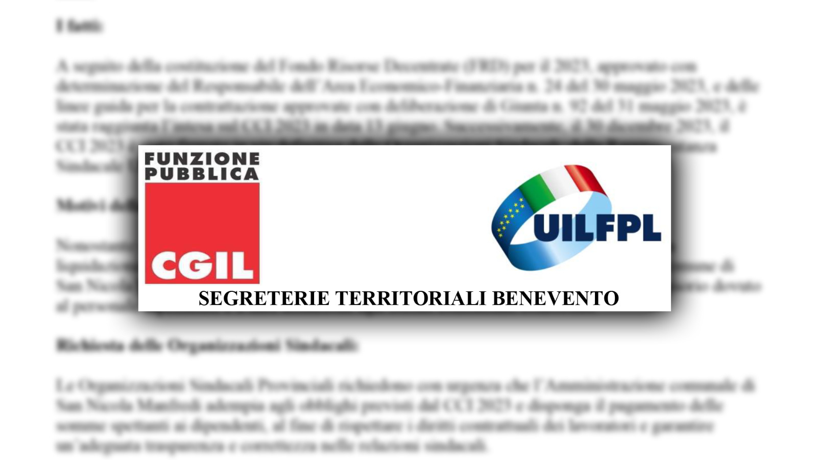 Diffida al Comune di San Nicola Manfredi: le organizzazioni sindacali richiedono il pagamento del salario accessorio per i dipendenti